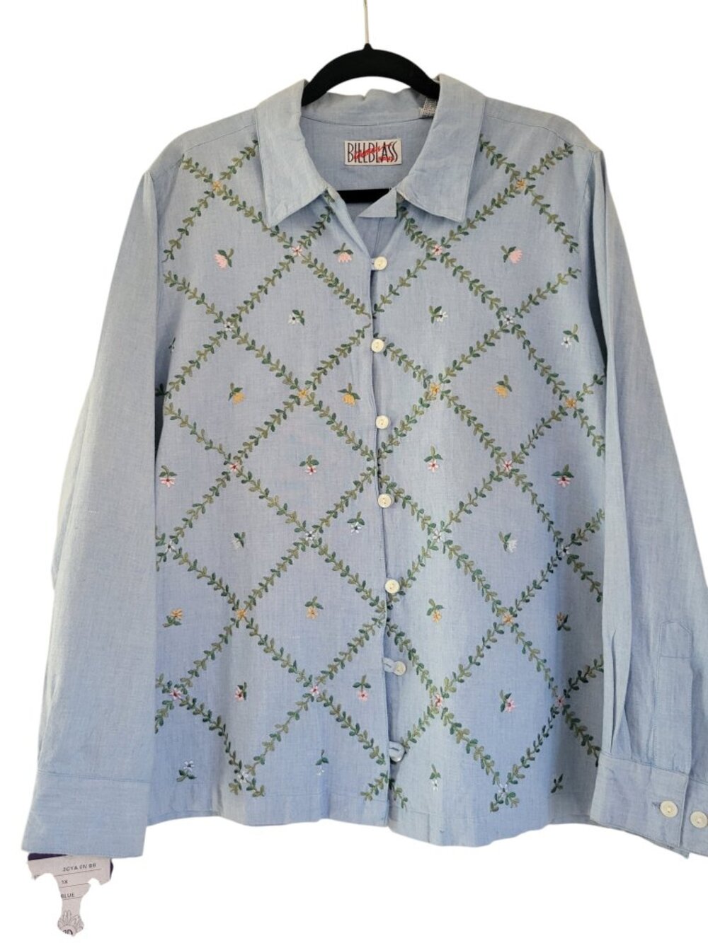 Vintage NWT Bill Blass Cottagecore Floral Embroidered Chambray Button Down Shirt